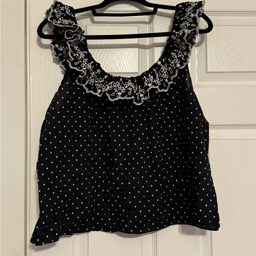 Sezane Black Polka Dot Ruffle Top